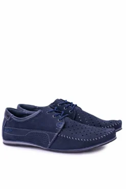 Discount Dziurkowane Skórzane Mokasyny Granatowe Półbuty Mortego Męskie Mokasyny Sznurowane