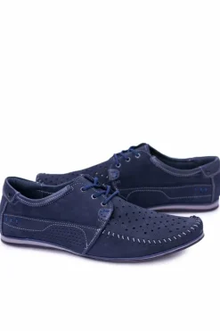 Discount Dziurkowane Skórzane Mokasyny Granatowe Półbuty Mortego Męskie Mokasyny Sznurowane