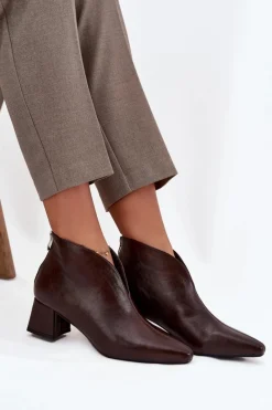 New Boto Eko Skórzane Botki Damskie Na Obcasie Czekoladowe Rylina