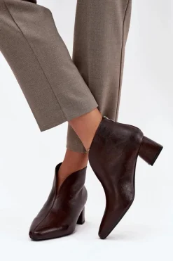 New Boto Eko Skórzane Botki Damskie Na Obcasie Czekoladowe Rylina