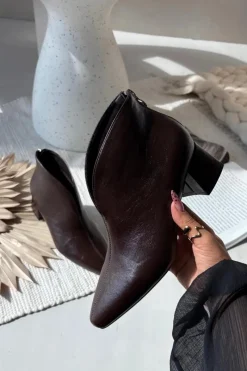 New Boto Eko Skórzane Botki Damskie Na Obcasie Czekoladowe Rylina