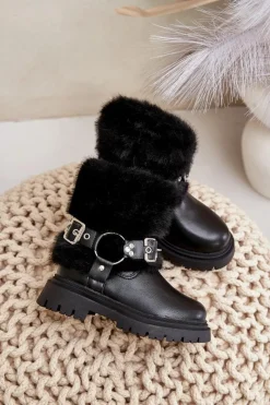 Dziewczęce>Boto Eko Skórzane Botki Dziewczęce Z Futerkiem I Klamrami Czarne Cartemes Czarny