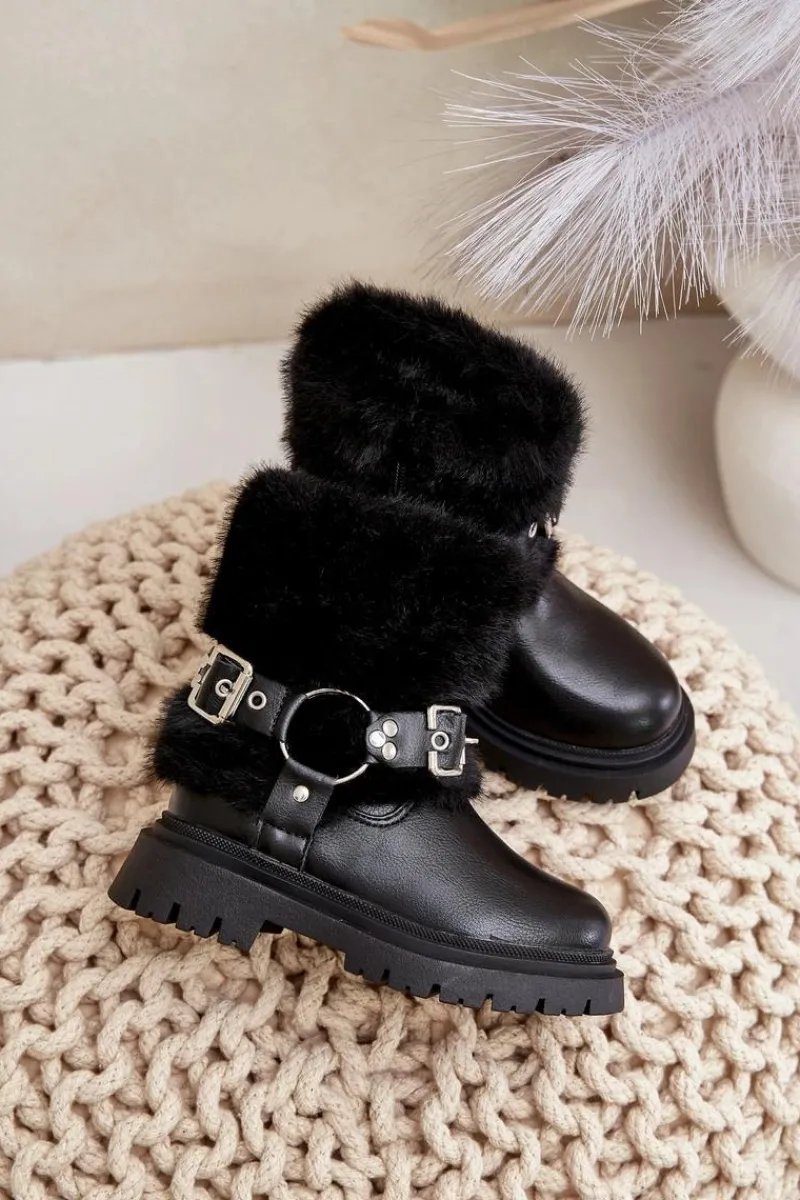 Dziewczęce>Boto Eko Skórzane Botki Dziewczęce Z Futerkiem I Klamrami Czarne Cartemes Czarny