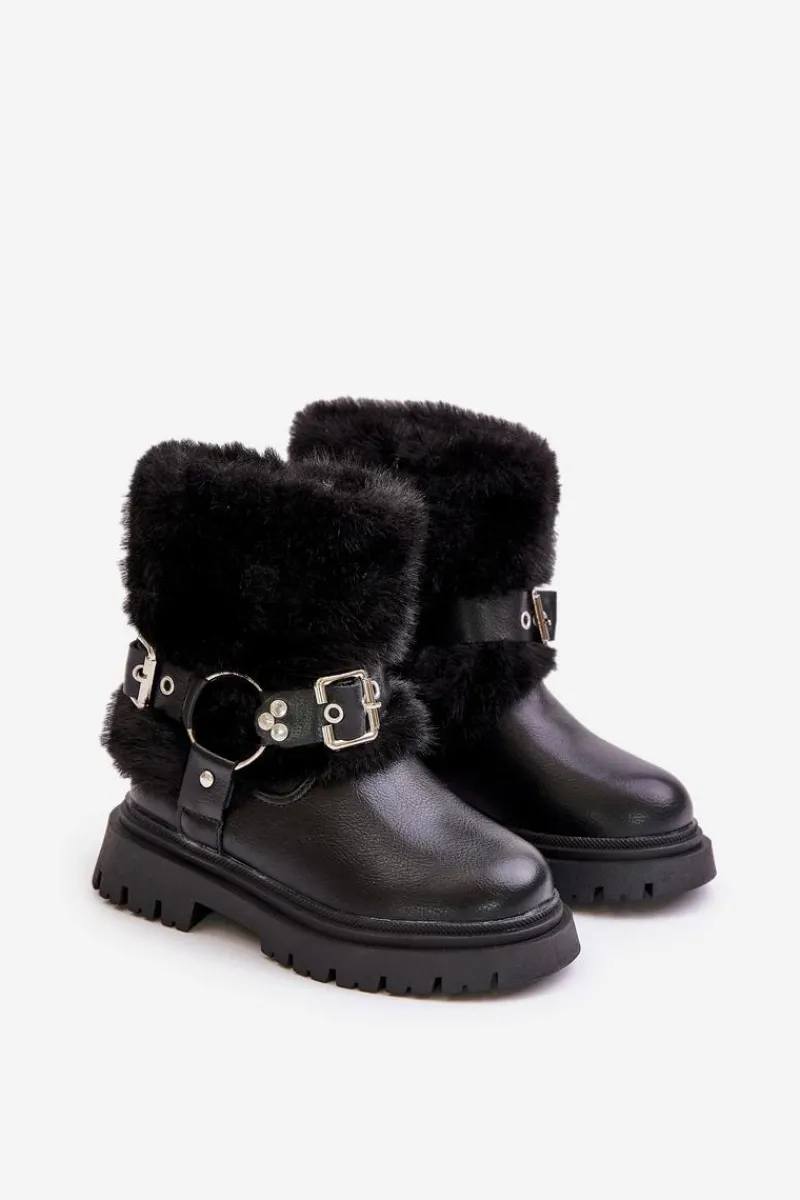 Dziewczęce>Boto Eko Skórzane Botki Dziewczęce Z Futerkiem I Klamrami Czarne Cartemes Czarny
