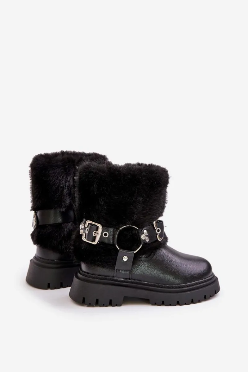 Dziewczęce>Boto Eko Skórzane Botki Dziewczęce Z Futerkiem I Klamrami Czarne Cartemes Czarny