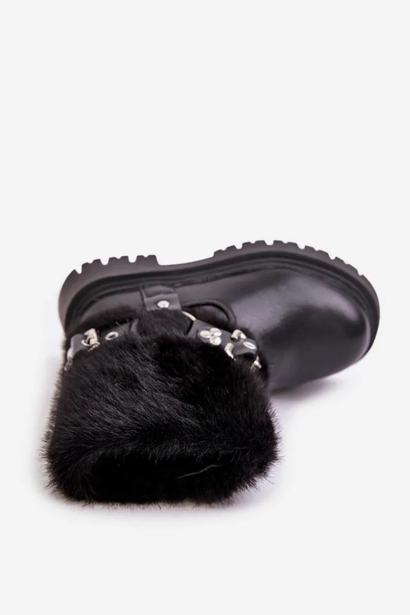 Dziewczęce>Boto Eko Skórzane Botki Dziewczęce Z Futerkiem I Klamrami Czarne Cartemes Czarny