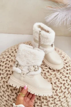 Outlet Boto Eko Skórzane Botki Dziewczęce Z Futerkiem I Klamrami Beżowe Cartemes Beżowy