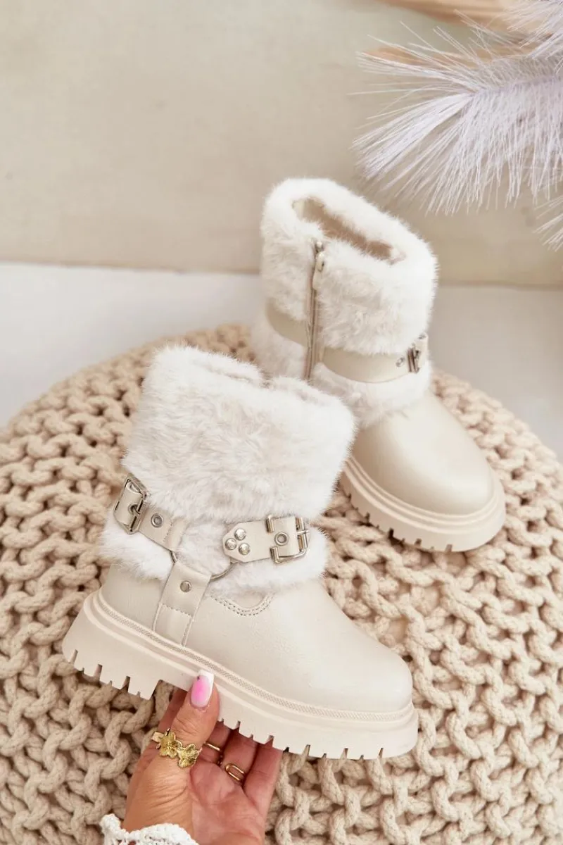 Outlet Boto Eko Skórzane Botki Dziewczęce Z Futerkiem I Klamrami Beżowe Cartemes Beżowy