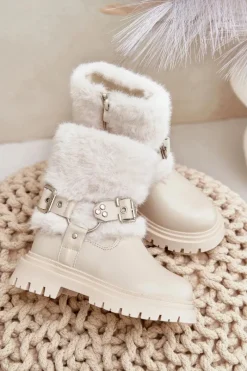 Outlet Boto Eko Skórzane Botki Dziewczęce Z Futerkiem I Klamrami Beżowe Cartemes Beżowy