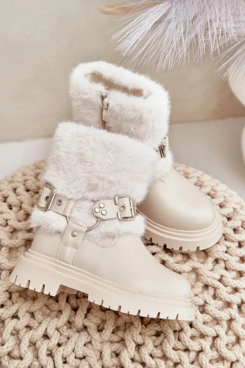 Outlet Boto Eko Skórzane Botki Dziewczęce Z Futerkiem I Klamrami Beżowe Cartemes Beżowy