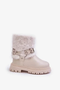 Outlet Boto Eko Skórzane Botki Dziewczęce Z Futerkiem I Klamrami Beżowe Cartemes Beżowy