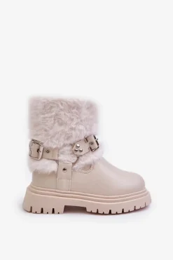 Outlet Boto Eko Skórzane Botki Dziewczęce Z Futerkiem I Klamrami Beżowe Cartemes Beżowy