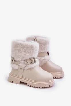 Outlet Boto Eko Skórzane Botki Dziewczęce Z Futerkiem I Klamrami Beżowe Cartemes Beżowy