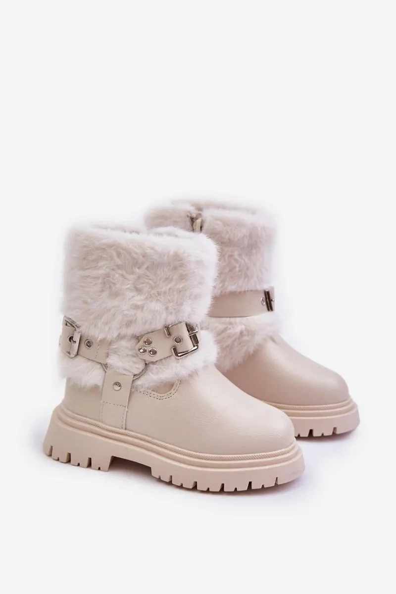 Outlet Boto Eko Skórzane Botki Dziewczęce Z Futerkiem I Klamrami Beżowe Cartemes Beżowy