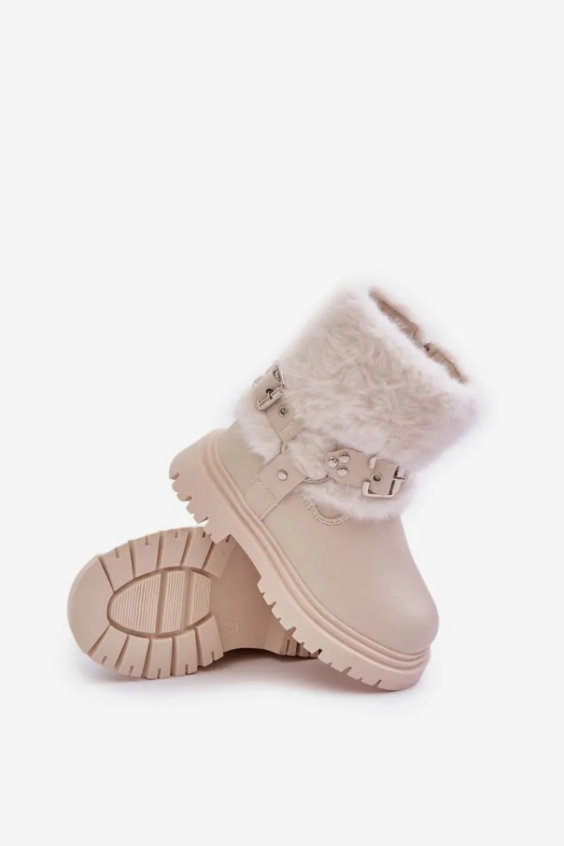Outlet Boto Eko Skórzane Botki Dziewczęce Z Futerkiem I Klamrami Beżowe Cartemes Beżowy