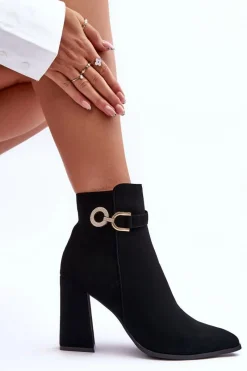 New Boto Eko Skórzane Botki Na Słupku Z Ozdobą Czarne Lymall Czarny