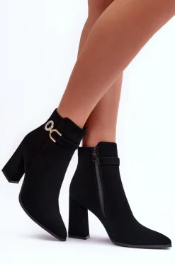 New Boto Eko Skórzane Botki Na Słupku Z Ozdobą Czarne Lymall Czarny