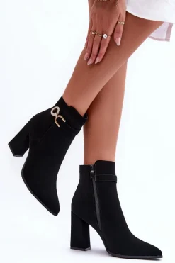 New Boto Eko Skórzane Botki Na Słupku Z Ozdobą Czarne Lymall Czarny