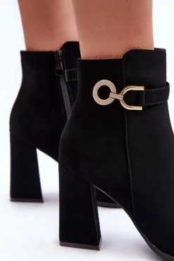 New Boto Eko Skórzane Botki Na Słupku Z Ozdobą Czarne Lymall Czarny