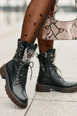 Damskie buty S.Barski Eko Skórzane Botki Workery Ze Zdobieniem Ocieplane D&A MR880-080 Czarne