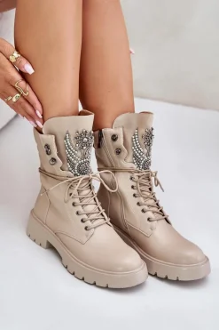 Best Eko Skórzane Botki Workery Ze Zdobieniem Ocieplane D&A MR880-080 Beżowe Damskie Botki Ocieplane|Damskie Trapery