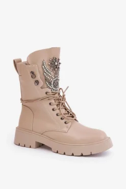 Best Eko Skórzane Botki Workery Ze Zdobieniem Ocieplane D&A MR880-080 Beżowe Damskie Botki Ocieplane|Damskie Trapery