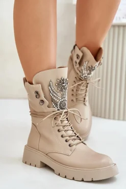 Best Eko Skórzane Botki Workery Ze Zdobieniem Ocieplane D&A MR880-080 Beżowe Damskie Botki Ocieplane|Damskie Trapery