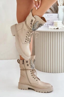Best Eko Skórzane Botki Workery Ze Zdobieniem Ocieplane D&A MR880-080 Beżowe Damskie Botki Ocieplane|Damskie Trapery