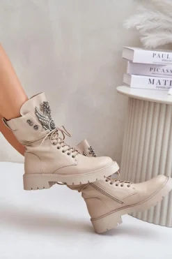 Best Eko Skórzane Botki Workery Ze Zdobieniem Ocieplane D&A MR880-080 Beżowe Damskie Botki Ocieplane|Damskie Trapery