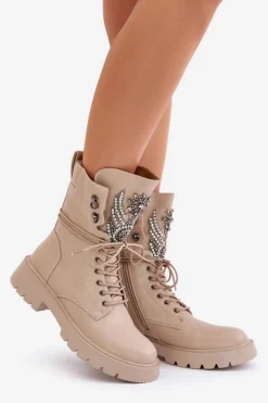 Best Eko Skórzane Botki Workery Ze Zdobieniem Ocieplane D&A MR880-080 Beżowe Damskie Botki Ocieplane|Damskie Trapery