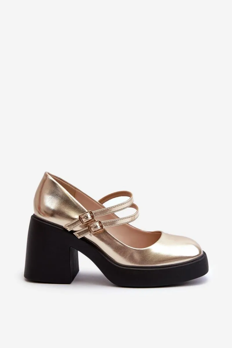 Czółenka Na Platformie|Czółenka Na Słupku>Boto Eko Skórzane Czółenka Na Masywnym Obcasie Złote Halmina Złoty