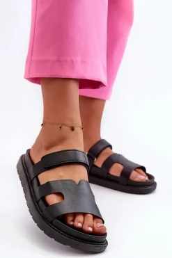 Hot Boto Eko Skórzane Klapki Damskie Na Rzep Czarne Silaka