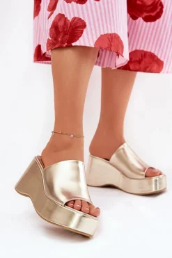 Klapki Na Koturnie|Klapki Na Platformie>Boto Eko Skórzane Klapki Damskie Na Platformie I Koturnie Złote Kisoffi