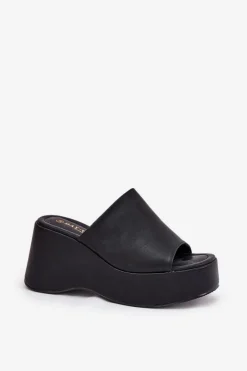 Clearance Boto Eko Skórzane Klapki Damskie Na Platformie I Koturnie Czarne Kisoffi