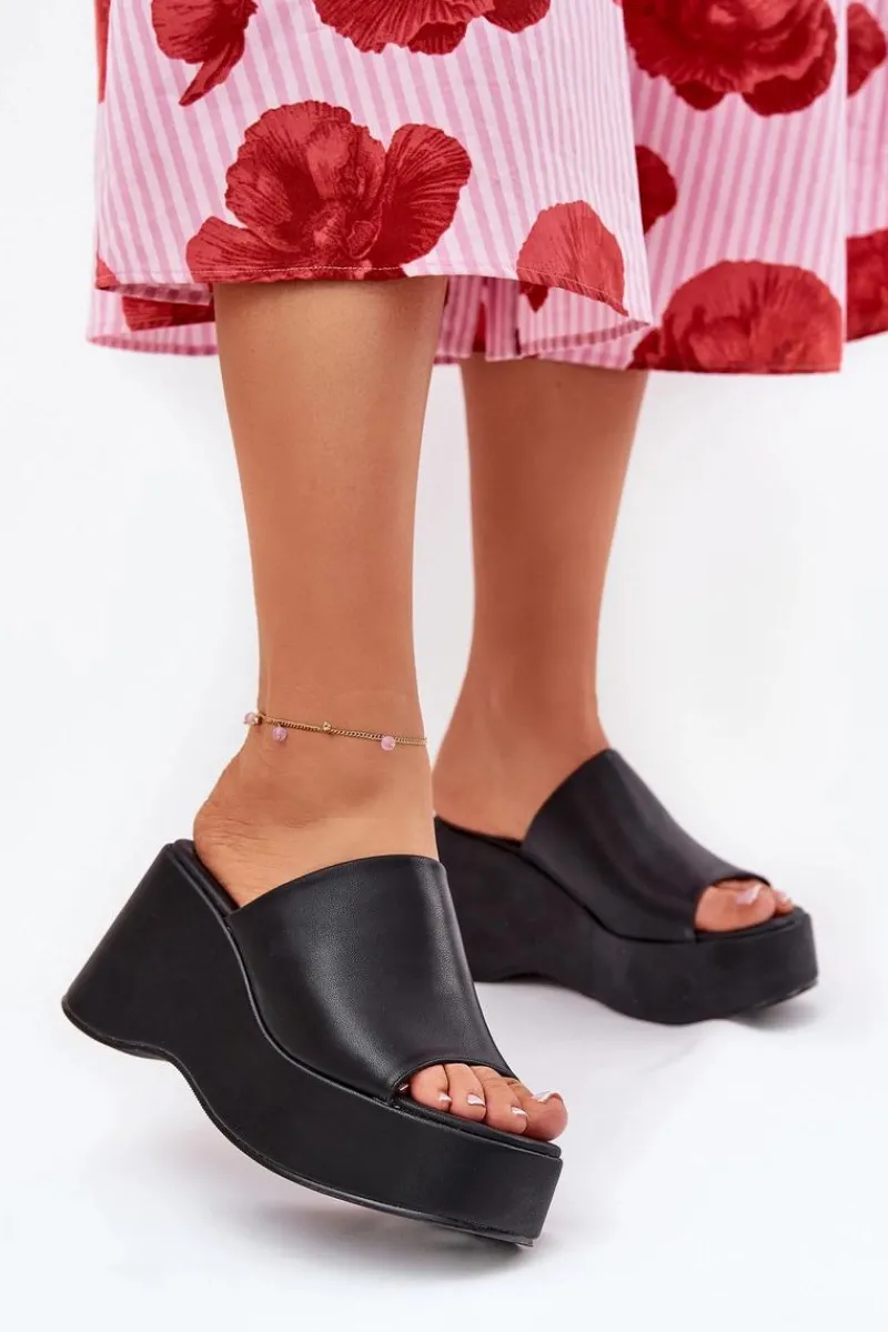 Clearance Boto Eko Skórzane Klapki Damskie Na Platformie I Koturnie Czarne Kisoffi