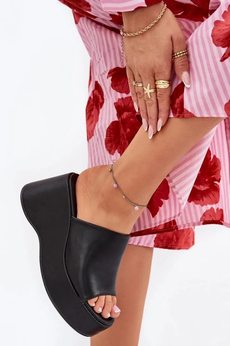 Clearance Boto Eko Skórzane Klapki Damskie Na Platformie I Koturnie Czarne Kisoffi