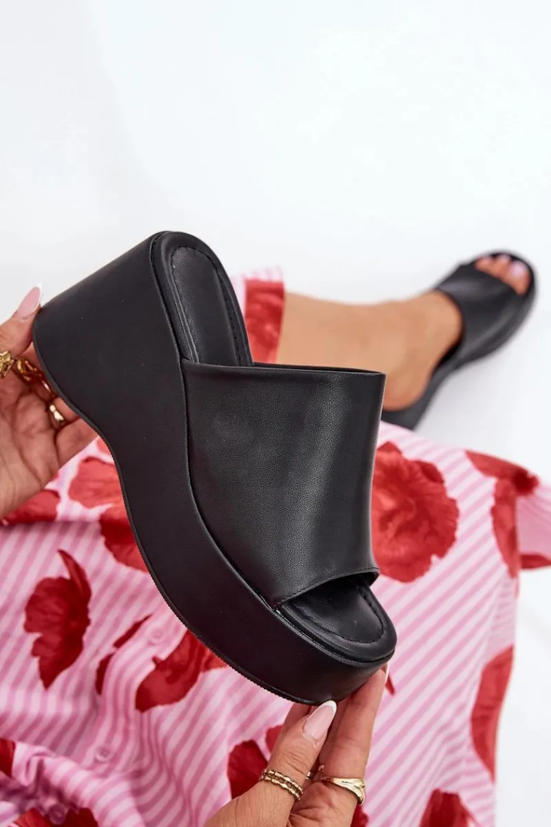 Clearance Boto Eko Skórzane Klapki Damskie Na Platformie I Koturnie Czarne Kisoffi