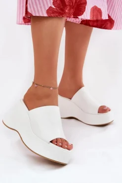 Eko Skórzane Klapki Damskie Na Platformie I Koturnie Białe Kisoffi Damskie Klapki Na Koturnie|Klapki Na Platformie