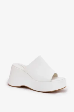 Eko Skórzane Klapki Damskie Na Platformie I Koturnie Białe Kisoffi Damskie Klapki Na Koturnie|Klapki Na Platformie