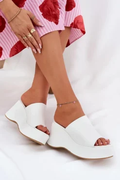 Eko Skórzane Klapki Damskie Na Platformie I Koturnie Białe Kisoffi Damskie Klapki Na Koturnie|Klapki Na Platformie