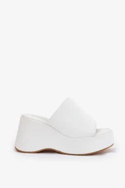 Eko Skórzane Klapki Damskie Na Platformie I Koturnie Białe Kisoffi Damskie Klapki Na Koturnie|Klapki Na Platformie