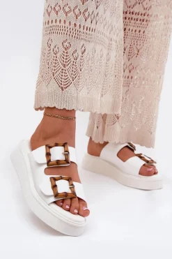 Discount Eko Skórzane Klapki Damskie Na Platformie Z Klamrami Białe Xanivia Damskie Klapki Na Platformie|Klapki Damskie Klasyczne