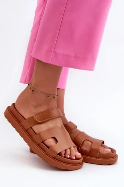 Hot Eko Skórzane Klapki Damskie Na Rzep Camel Silaka Damskie Klapki Na Platformie|Klapki Damskie Klasyczne