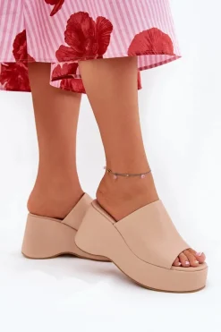 Outlet Boto Eko Skórzane Klapki Damskie Na Platformie I Koturnie Beżowe Kisoffi Beżowy