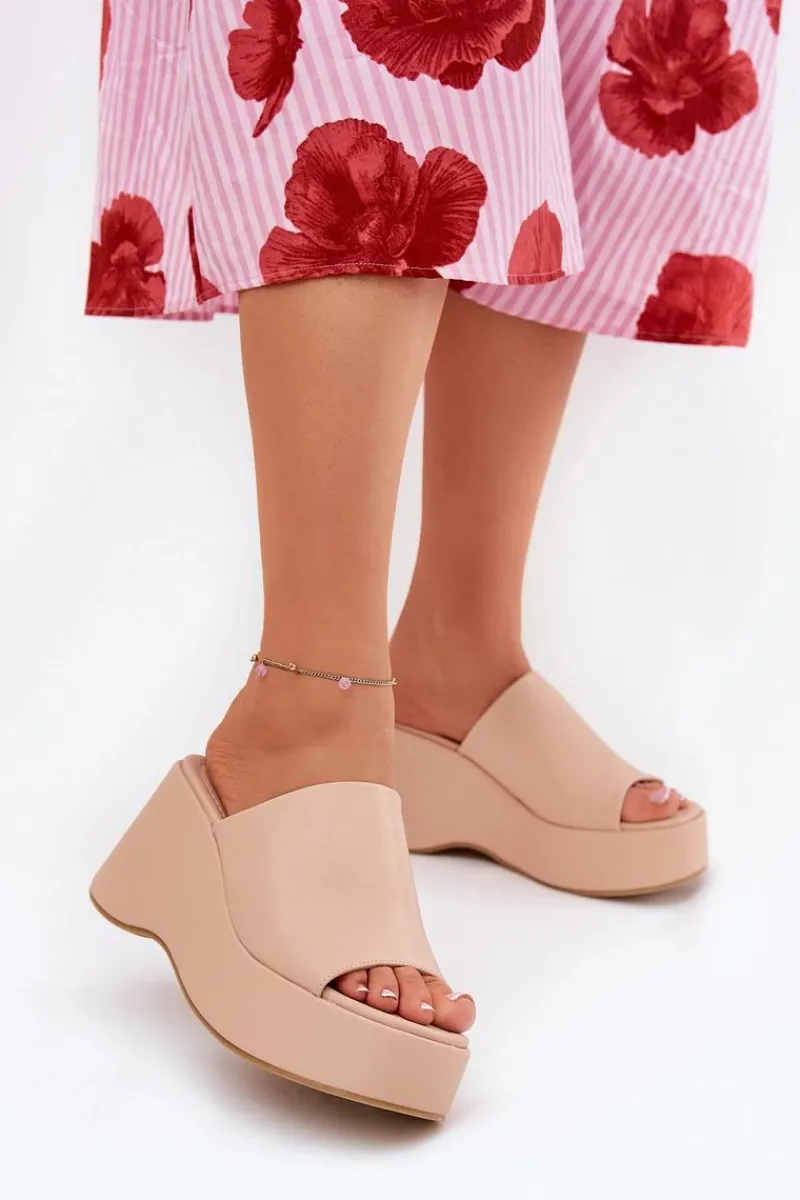 Outlet Boto Eko Skórzane Klapki Damskie Na Platformie I Koturnie Beżowe Kisoffi Beżowy