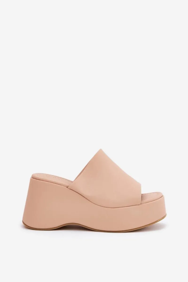 Outlet Boto Eko Skórzane Klapki Damskie Na Platformie I Koturnie Beżowe Kisoffi Beżowy