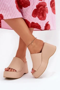 Outlet Boto Eko Skórzane Klapki Damskie Na Platformie I Koturnie Beżowe Kisoffi Beżowy