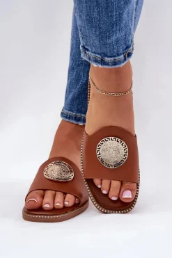 Sale Boto Eko Skórzane Klapki Na Płaskim Obcasie Z Ozdoba Camel Tatereia Brązowy