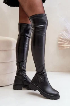 Online Eko Skórzane Kozaki Za Kolano Na Płaskim Obcasie Czarne Santira Damskie Muszkieterki|Kozaki Za Kolano