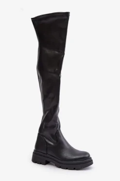 Online Eko Skórzane Kozaki Za Kolano Na Płaskim Obcasie Czarne Santira Damskie Muszkieterki|Kozaki Za Kolano